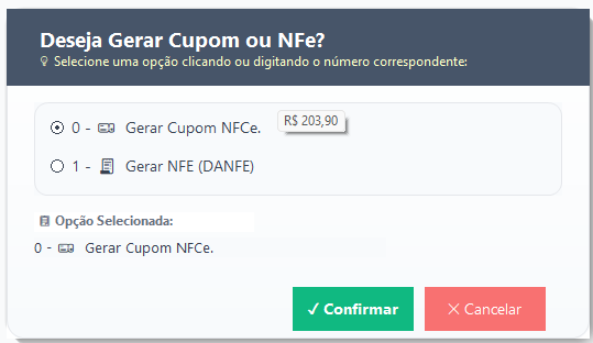 Tela de escolha entre NFC-e e NF-e